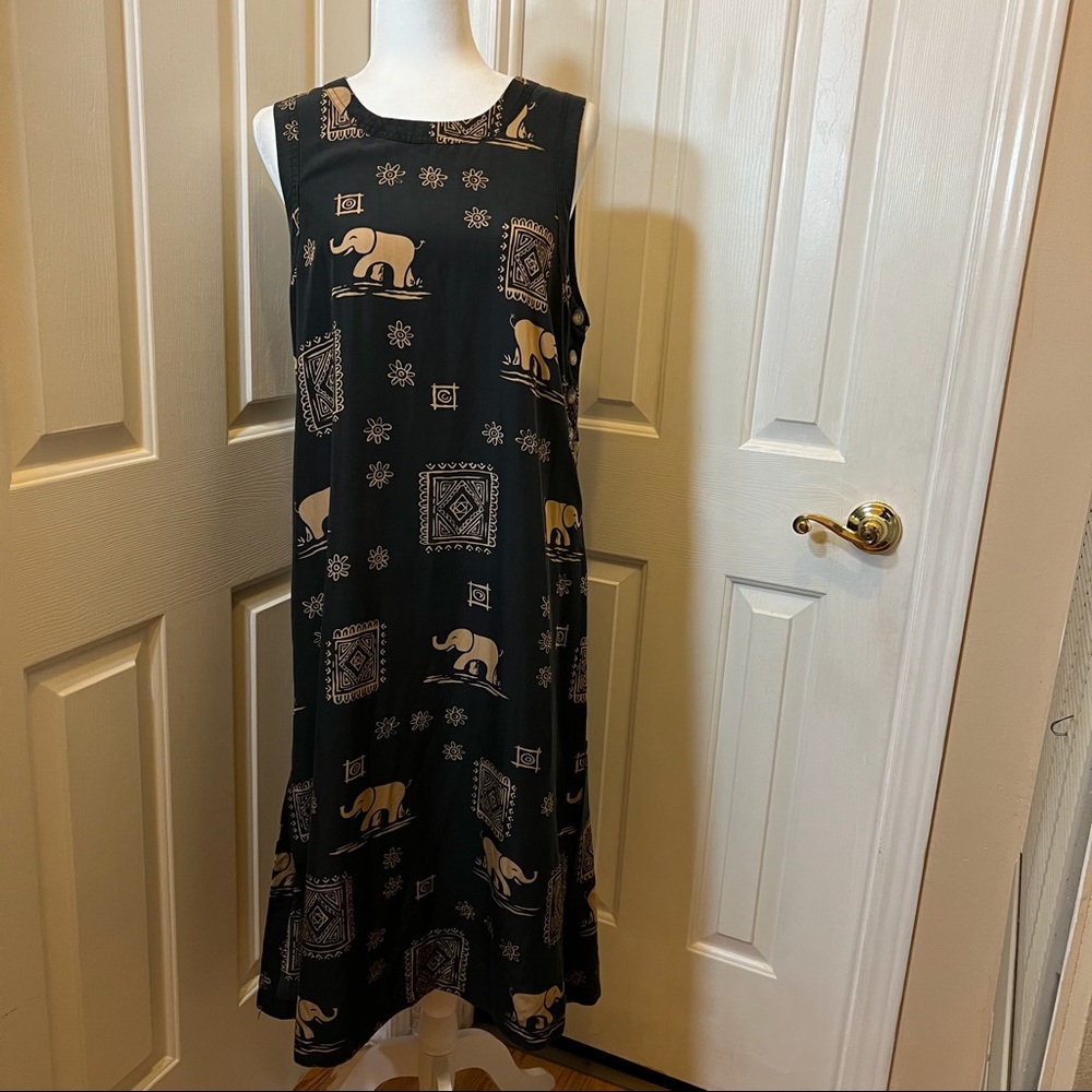 Original TY Wear Elephant Print Black Tan Sleeveless Midi Shift Dress Size 12P